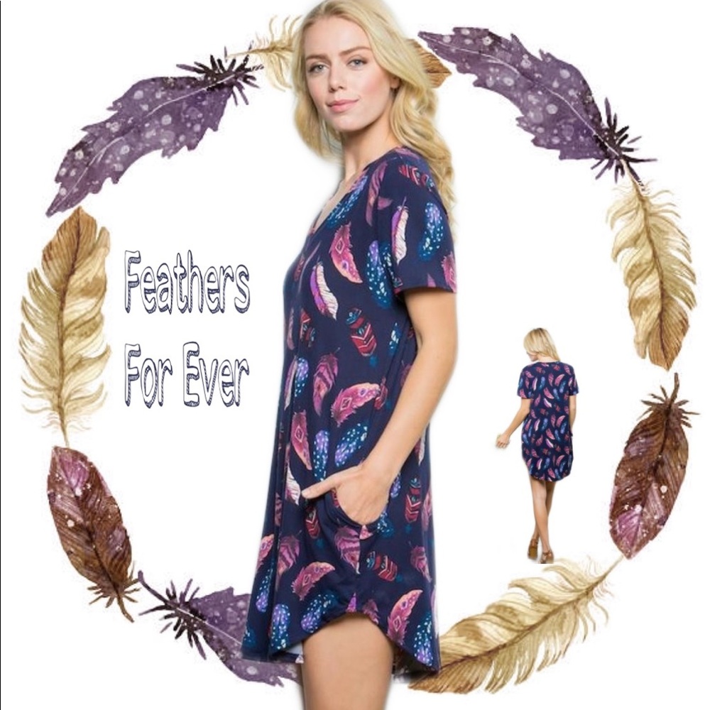 NEW Super Soft Boho Feather Tunic Dress W/ Pockets